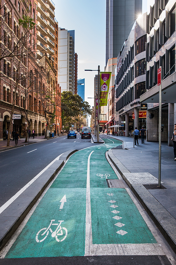 A view of the new Kent Street cycleway following the road in Sydney CBD.