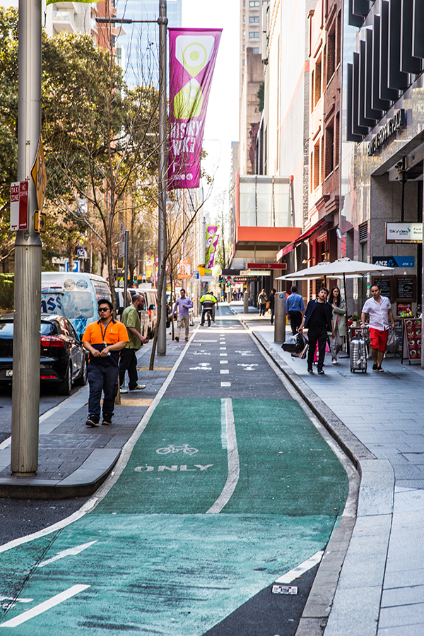 The new cycleway on Kent Street in Sydney CBD is separated from the road and pedestrians via kerbs.