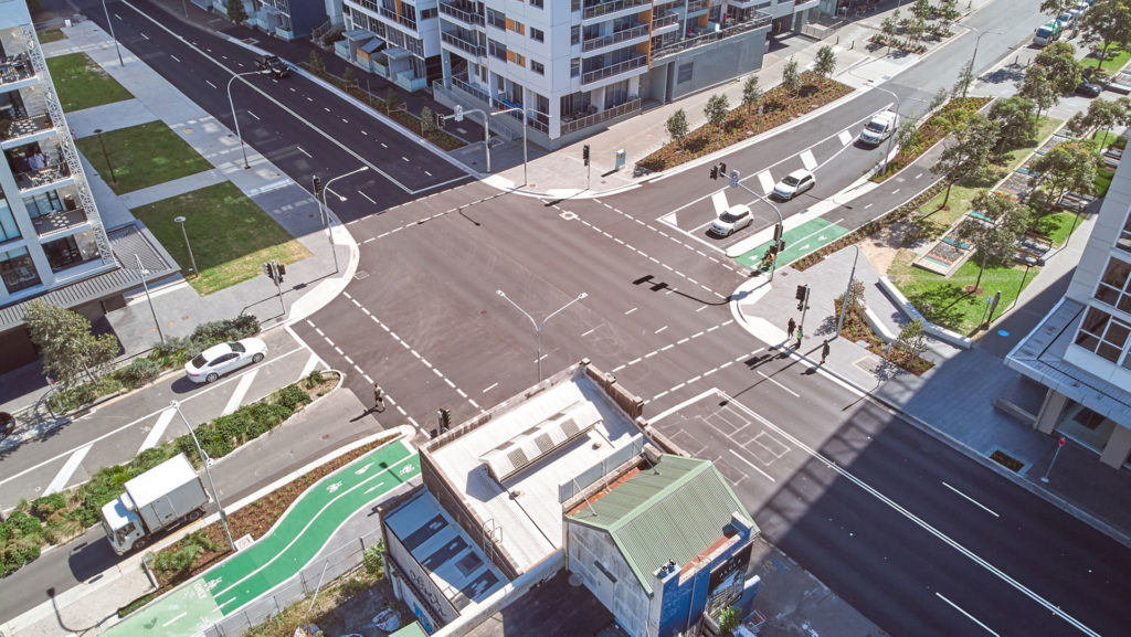An overhead view of the intersection upgrade in Lachlan Street and Gadigal Avenue, Zetland.