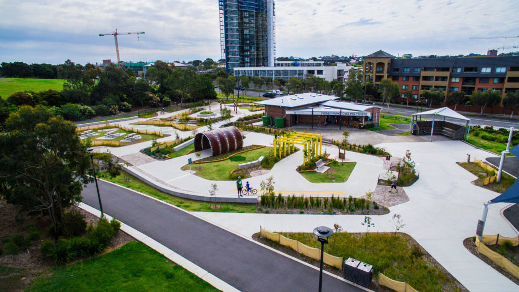 A birds eye view of the completed children’s cycle path at Sydney Park in Alexandria.