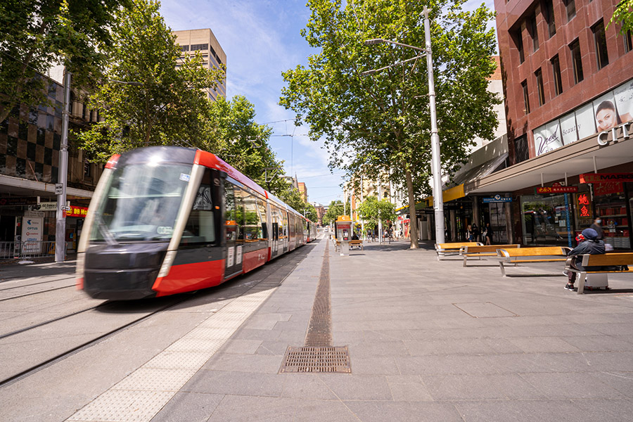 A tram travelling down the no-vehicle zone on the new Sydney CBD George Street streetscape.