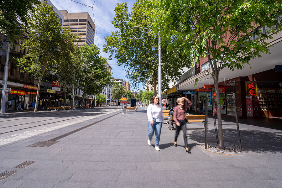 Two women walking in the new George Street mall, Sydney CBD.