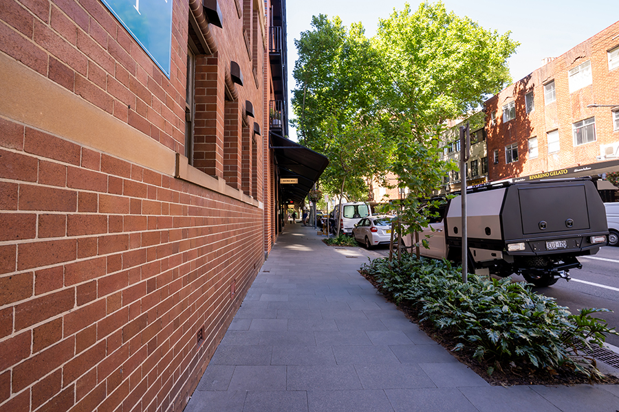 A large planter and concrete footway included in the Macleay Street, Potts Point, streetscape project.