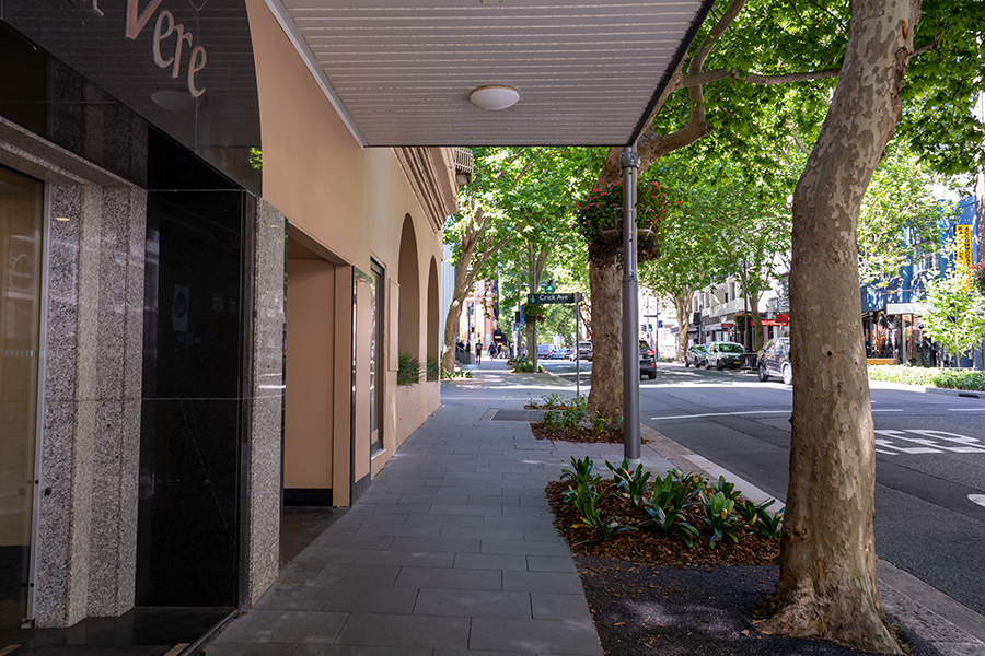 The landscaping, footway and crossing at Macleay Street and Crick Avenue in Potts Point.