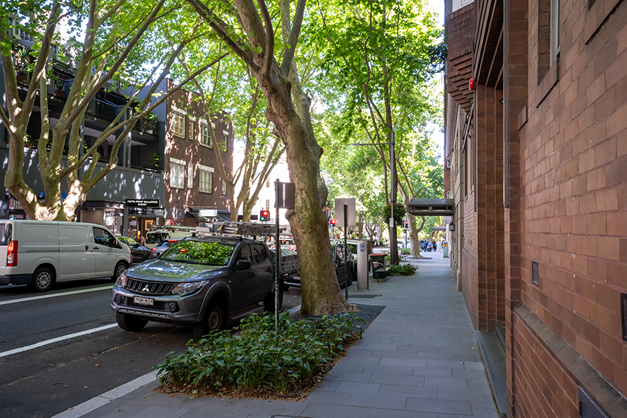 The new footpath, landscaped planters and parking metres on Macleay Street, Potts Point.