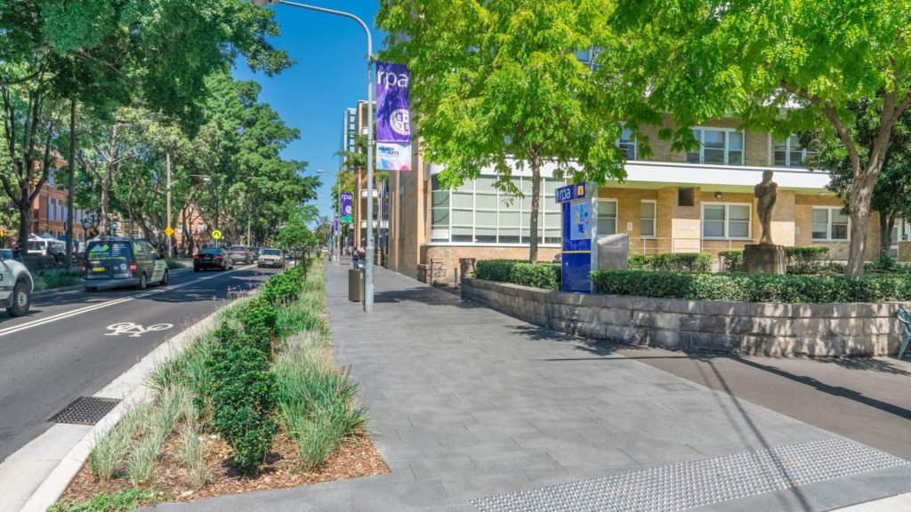 A view of the Royal Prince Alfred in Camperdown showing wider footpaths and new landscaping.