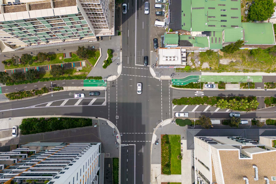 An overhead view of the intersection upgrade at Gadigal Avenue and Lachlan Street in Pyrmont.