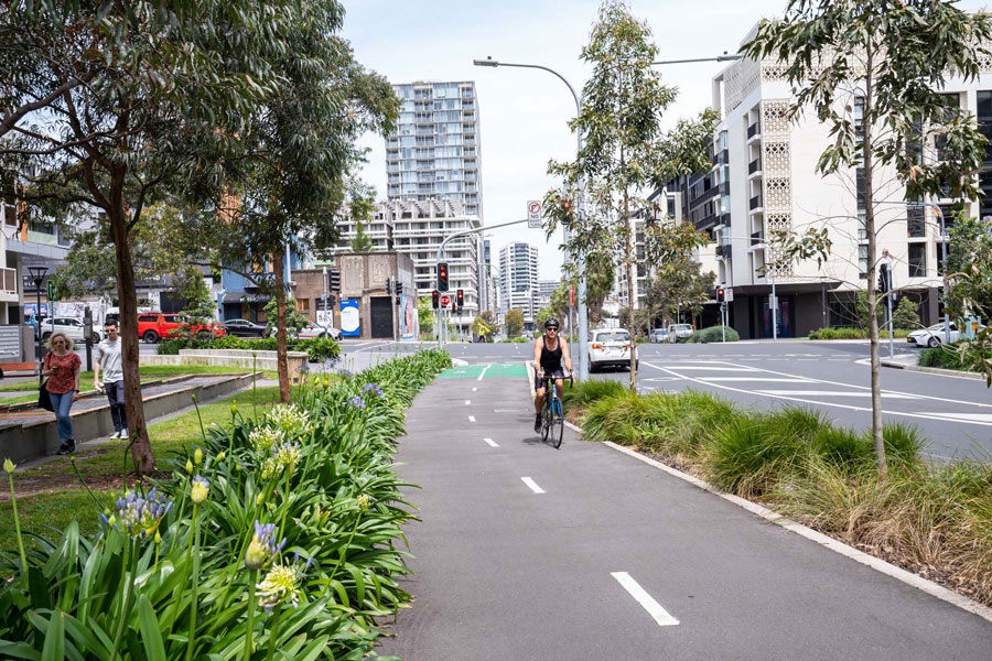 A cyclist riding along the cycleway included with the Lachlan St and Gadigal Ave intersection.