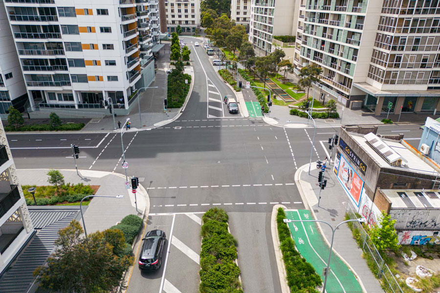 A birds eye view of the intersection upgrade at Gadigal Avenue and Lachlan Street, Pyrmont.
