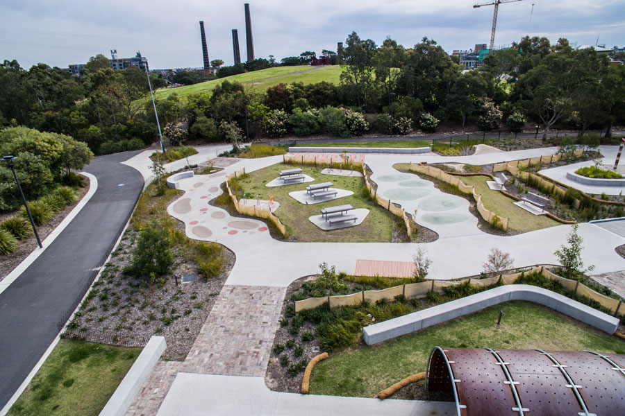 The seating area and landscaping included in the new Sydney Park Children’s Bike Path, Alexandria.
