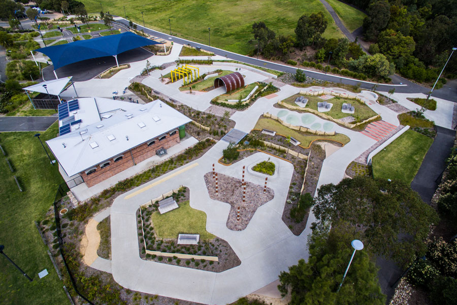 An overhead view of the new Sydney Park bike track, winding around obstacles and through landscaping.