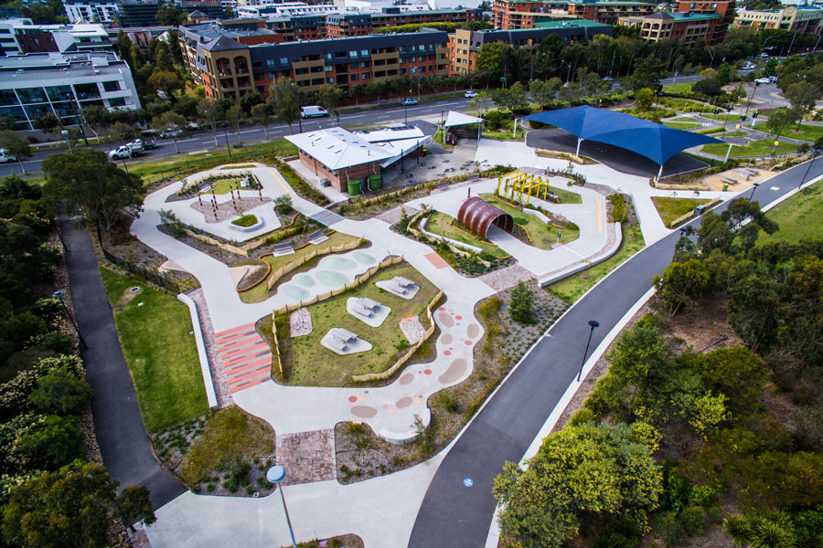 An overhead view showing the whole bike path, obstacles, seating areas and shelters at Sydney Park in Alexandria