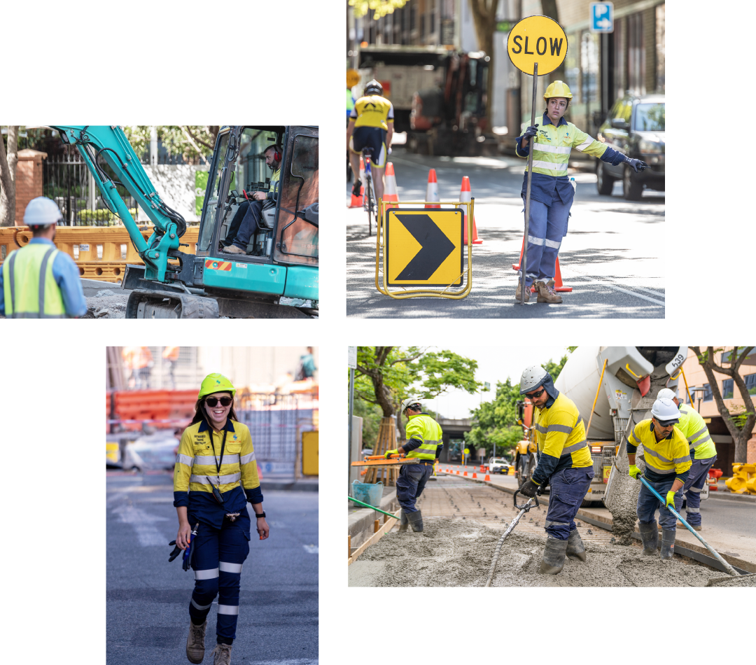 A collage of photos showcasing Sydney Civil workers, wearing hi-vis and working on road projects