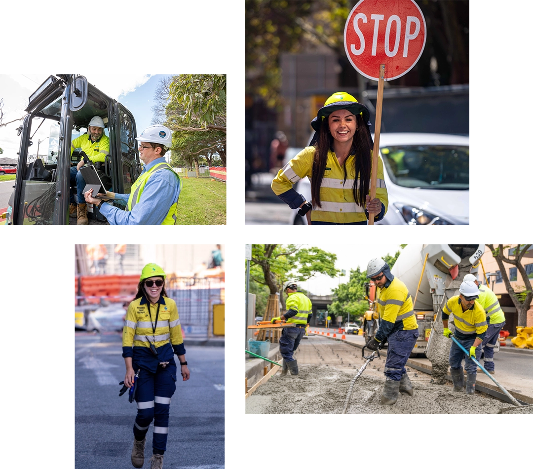 A collage of photos showcasing Sydney Civil workers, wearing hi-vis and working on road projects